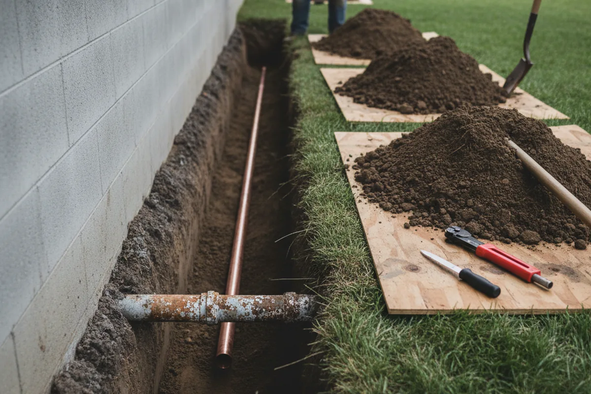 Excavated water line trench during Water Heater Repair in Blanch